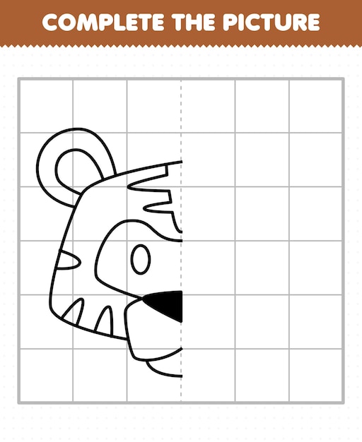 Education game for children complete the picture cute tiger head half outline for drawing