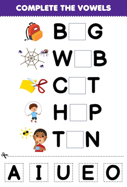 Education game for children complete the vowels of cute cartoon bag web cut hop tan illustration printable worksheet