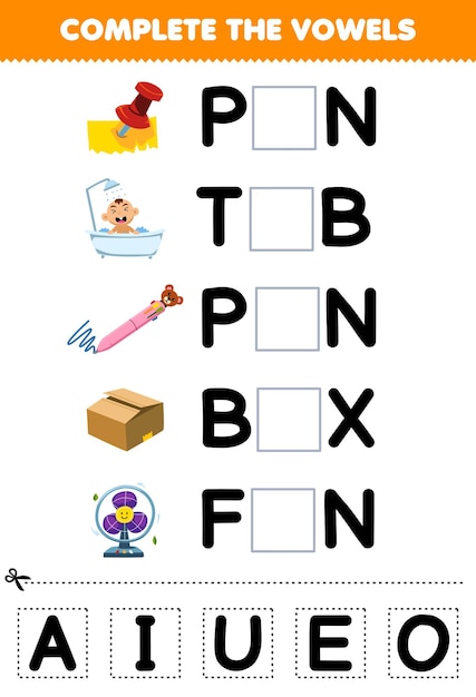 Education game for children complete the vowels of cute cartoon pin tub pen box fan illustration printable worksheet