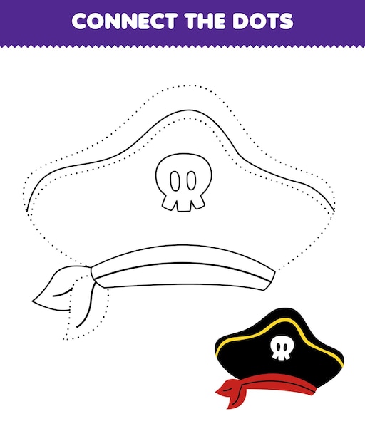 어린이를 위한 교육 게임은 귀여운 만화 모자 인쇄용 해적 워크시트로 점과 색칠 연습을 연결합니다.