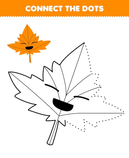 Education game for children connect the dots and coloring practice with cute cartoon maple leaf printable nature worksheet