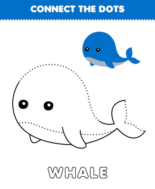 Education game for children connect the dots and coloring practice with cute cartoon whale printable underwater worksheet