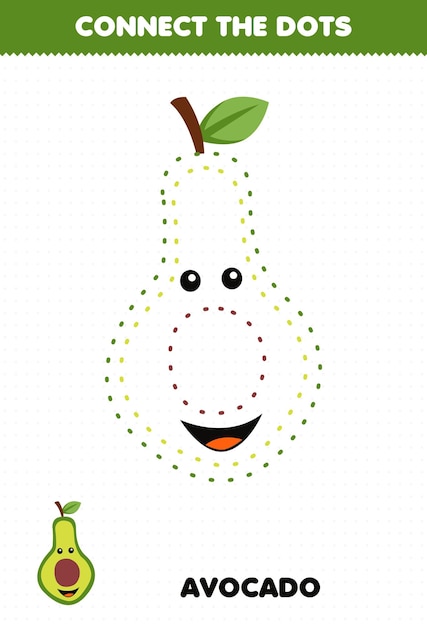 Education game for children connect the dots handwriting practice with cute cartoon fruit avocado character