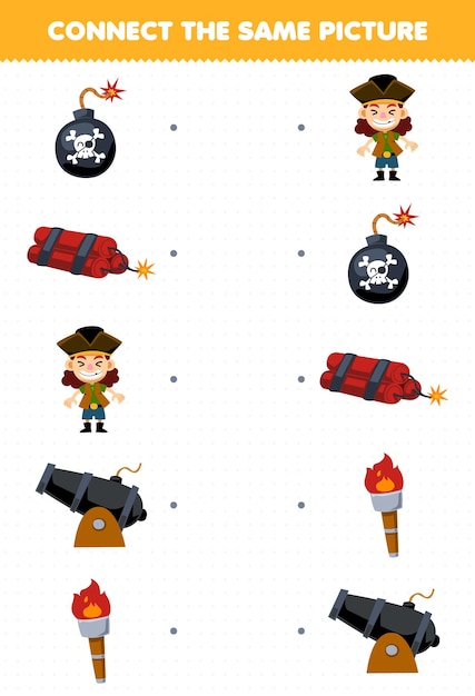 Education game for children connect the same picture of cartoon bomb dynamite cannon torch printable pirate worksheet