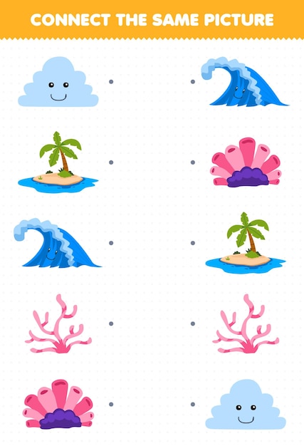 Education game for children connect the same picture of cartoon cloud island wave coral printable nature worksheet