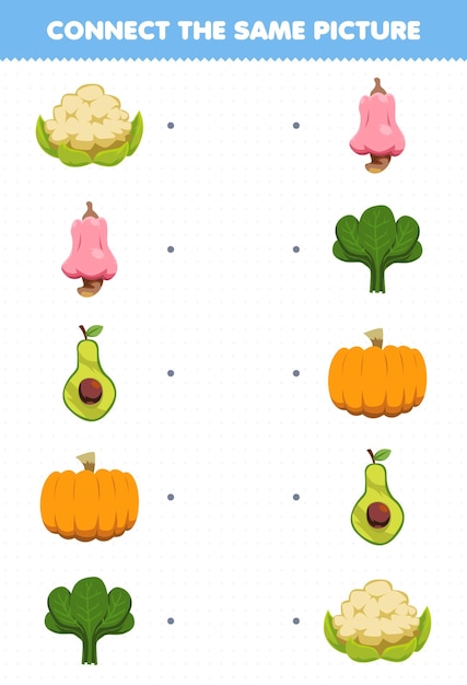 子供のための教育ゲームは、漫画の果物と野菜のカリフラワーカシューアボカドカボチャほうれん草の印刷可能なワークシートの同じ写真を接続します