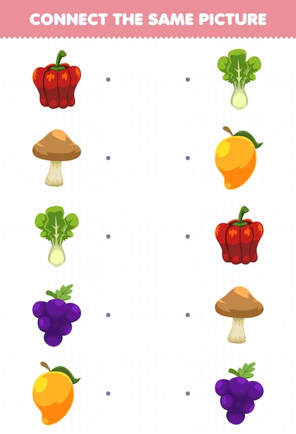 어린이를 위한 교육 게임은 만화 과일과 야채 파프리카 버섯 양상추 포도 망고 인쇄용 워크시트의 동일한 그림을 연결합니다.