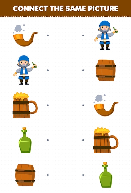 Education game for children connect the same picture of cartoon pipe wooden barrel and bottle printable pirate worksheet