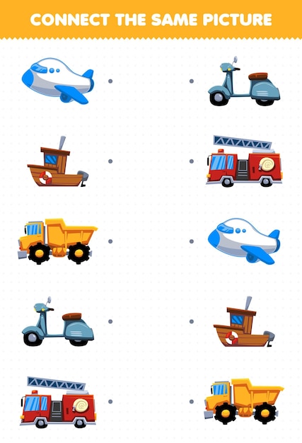 Education game for children connect the same picture of cartoon transportation plane ship dump truck scooter firetruck printable worksheet