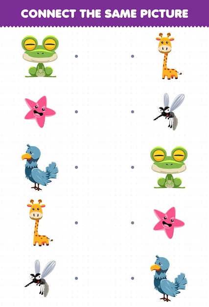 Education game for children connect the same picture of cute cartoon animal frog starfish dove giraffe mosquito printable worksheet