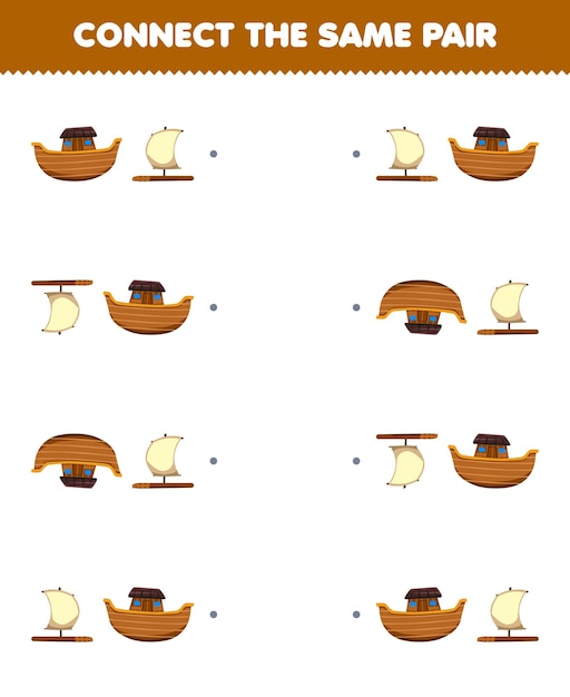 Education game for children connect the same picture of cute cartoon ark and raft pair printable transportation worksheet