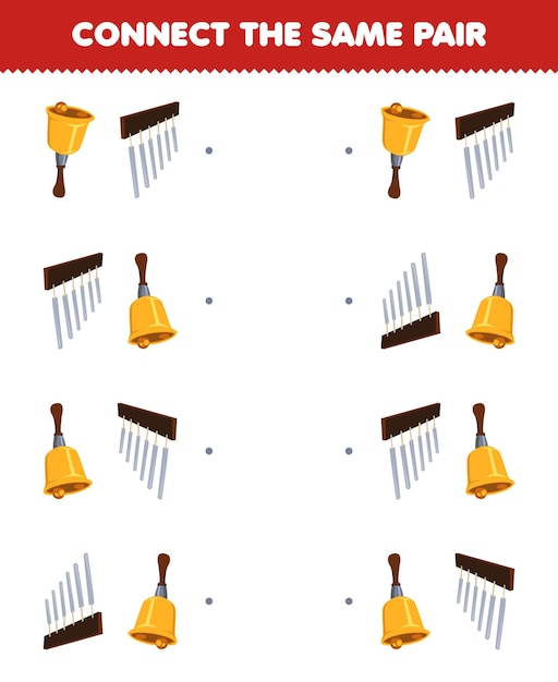 Education game for children connect the same picture of cute cartoon bell and chimes pair printable music instrument worksheet