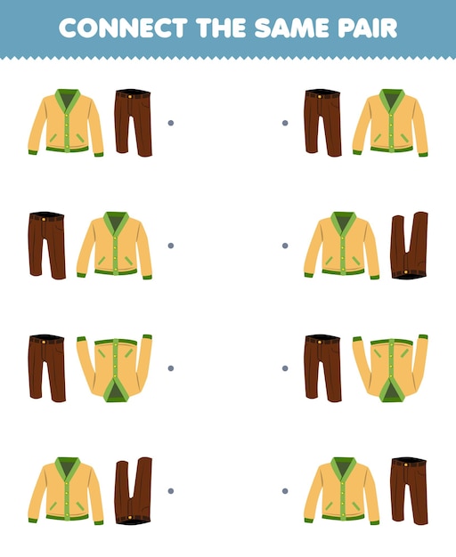 Education game for children connect the same picture of cute cartoon cardigan and trouser pair printable wearable clothes worksheet