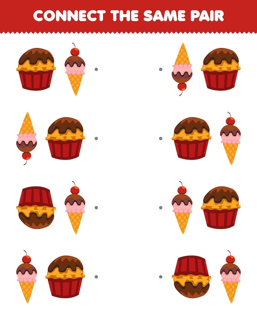 Education game for children connect the same picture of cute cartoon cupcake and ice cream pair printable food worksheet