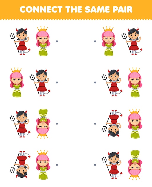 Education game for children connect the same picture of cute cartoon devil girl and queen pair printable halloween worksheet