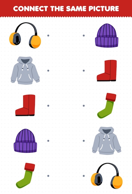 子供のための教育ゲームは、かわいい漫画のイヤーマフ パーカー ブーツ ハット ソックス印刷可能な冬のワークシートの同じ絵を接続します。