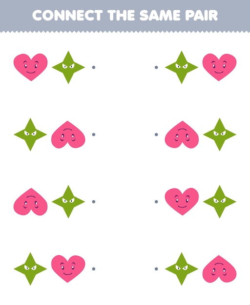 Education game for children connect the same picture of cute cartoon heart and star pair printable geometric shape worksheet