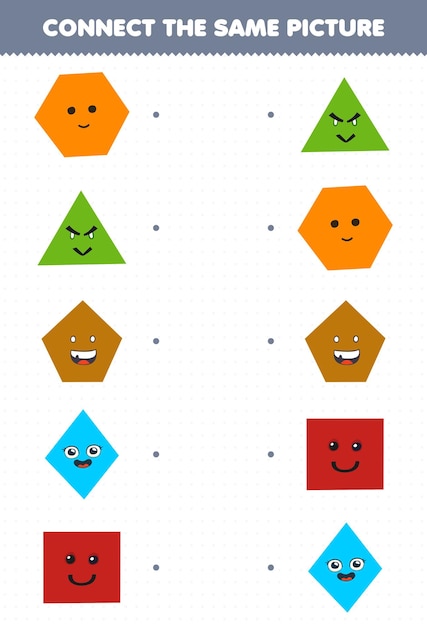 Education game for children connect the same picture of cute cartoon hexagon triangle pentagon rhombus square printable geometric shape worksheet