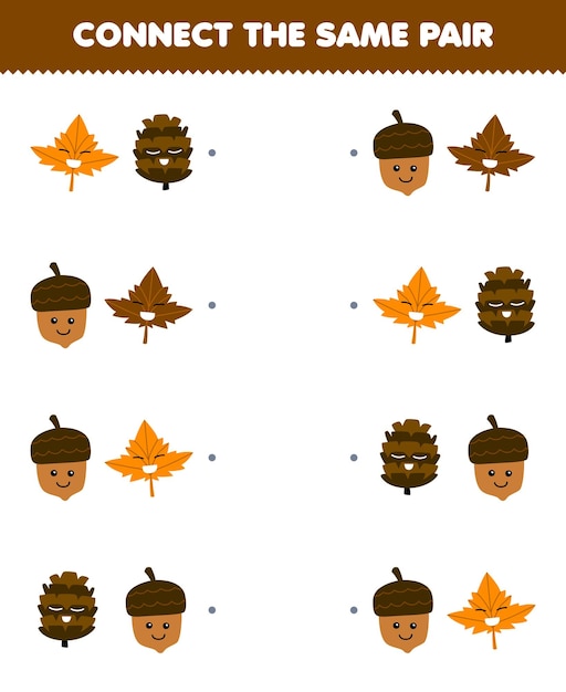 Education game for children connect the same picture of cute cartoon maple leaf acorn and pinecone pair printable nature worksheet