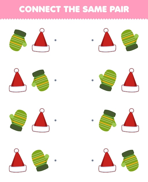 Education game for children connect the same picture of cute cartoon mitten and hat pair printable winter worksheet