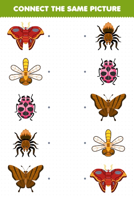 子供向けの教育ゲームは、かわいい漫画の蛾、トンボ、テントウムシ、クモ、蝶、印刷可能なバグのワークシートの同じ絵を接続します