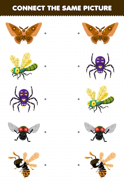 子供向けの教育ゲームは、かわいい漫画の蛾、トンボ、クモ、ハエ、蜂、印刷可能なバグのワークシートの同じ絵を接続します