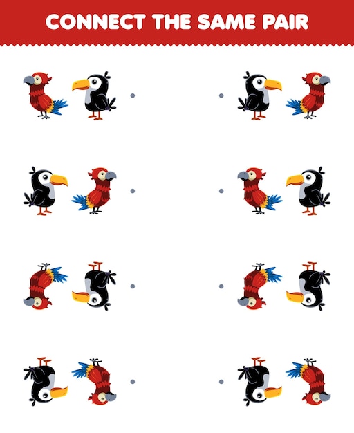 Education game for children connect the same picture of cute cartoon parrot and toucan pair printable animal worksheet