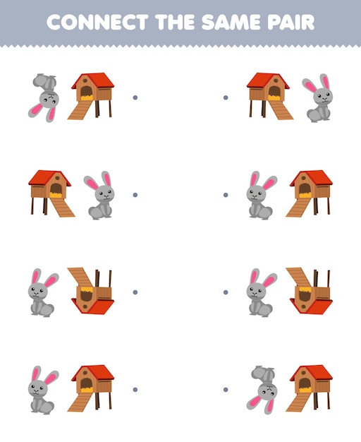 Education game for children connect the same picture of cute cartoon rabbit and hutch pair printable farm worksheet