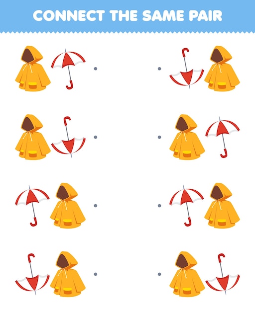 Education game for children connect the same picture of cute cartoon raincoat and umbrella pair printable wearable clothes worksheet