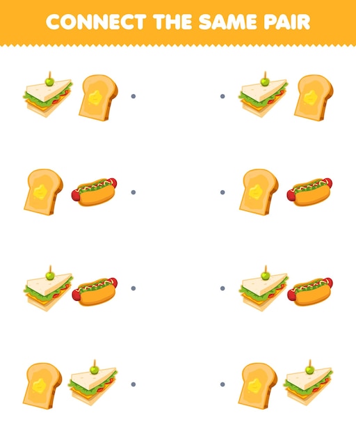 Образовательная игра для детей, соединяющая одно и то же изображение милого мультяшного сэндвича и пары тостов, распечатываемый лист еды
