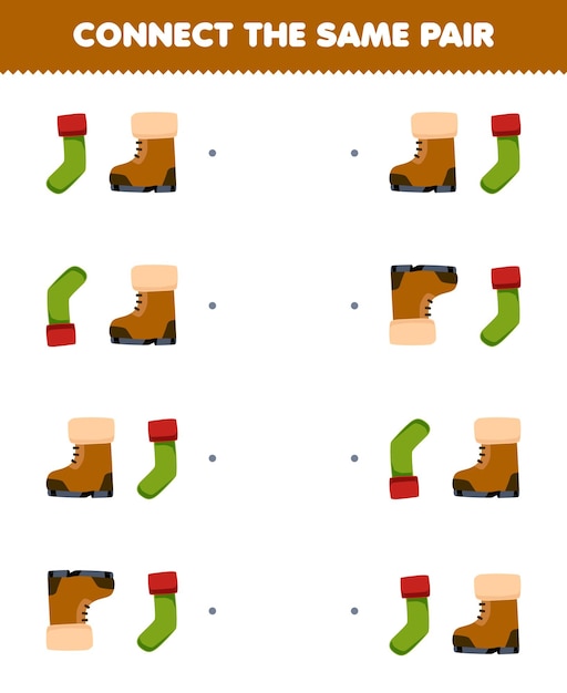 Education game for children connect the same picture of cute cartoon sock and boot pair printable winter worksheet