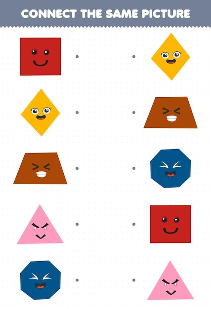 education game for children connect the same picture of cute cartoon square rhombus trapezoid triangle octagon printable geometric shape worksheet