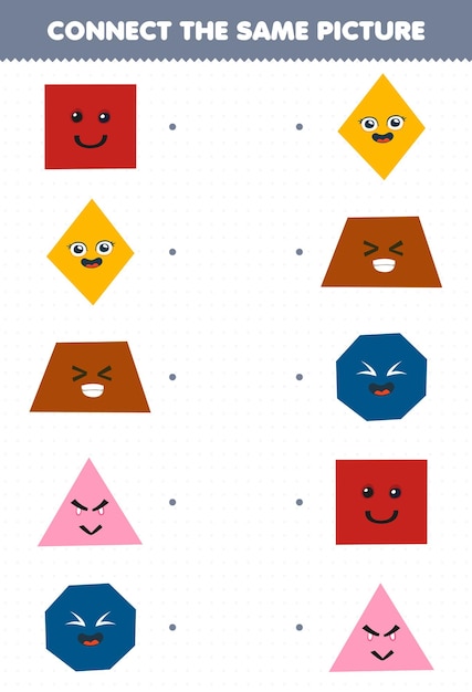 Vettore il gioco educativo per i bambini collega la stessa immagine del foglio di lavoro di forma geometrica stampabile di forma geometrica stampabile di simpatici cartoni animati quadrati rombo trapezoidale triangolo ottagono