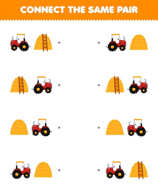 Education game for children connect the same picture of cute cartoon tractor and haystack pair printable farm worksheet