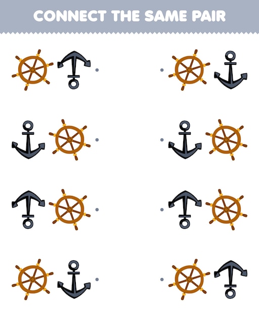 Education game for children connect the same picture of cute cartoon wheel and anchor pair printable pirate worksheet