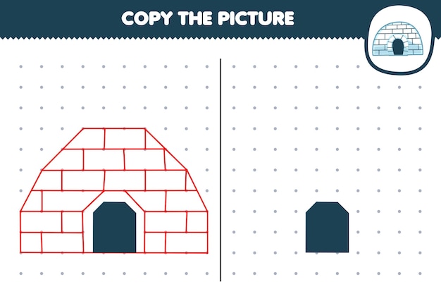 子供のための教育ゲーム ドット印刷可能な冬のワークシートを接続して、かわいい漫画のイグルーの絵をコピーします
