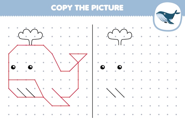 子供のための教育ゲーム ドット印刷可能な水中ワークシートを接続してかわいい漫画のクジラの絵をコピーします