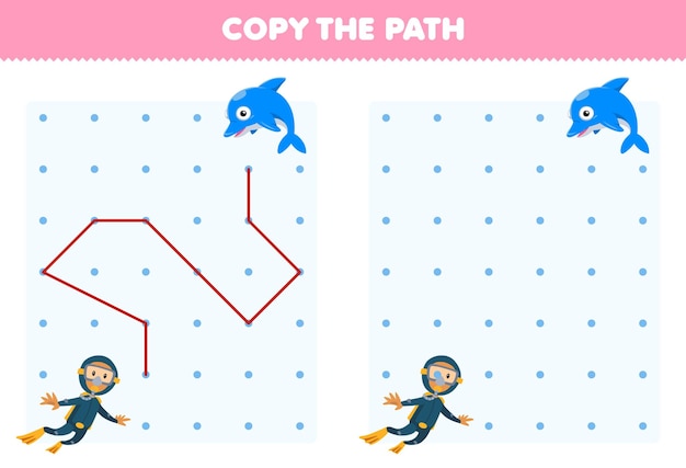 Education game for children copy the path help diver move to the dolphin printable underwater worksheet