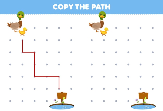 Education game for children copy the path help duck move to the pond printable farm worksheet