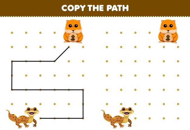 Vector education game for children copy the path help gecko move to the hamster printable pet worksheet