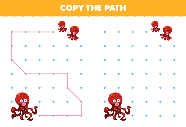 Education game for children copy the path help octopus move to the baby octopus printable underwater worksheet