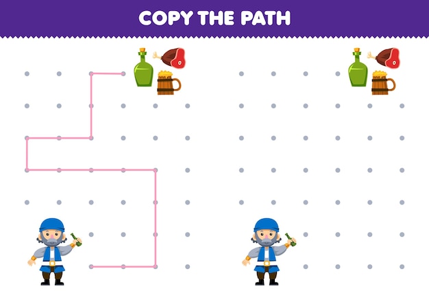 Education game for children copy the path help old man move to the meat and drink bottle printable pirate worksheet
