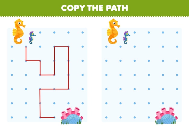 Education game for children copy the path help sea horses move to the coral printable underwater worksheet