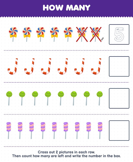 Education game for children count how many cartoon candy and write the number in the box printable food worksheet