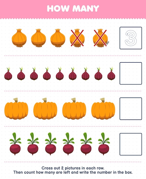 Education game for children count how many cartoon onion shallot pumpkin beet and write the number in the box printable vegetable worksheet