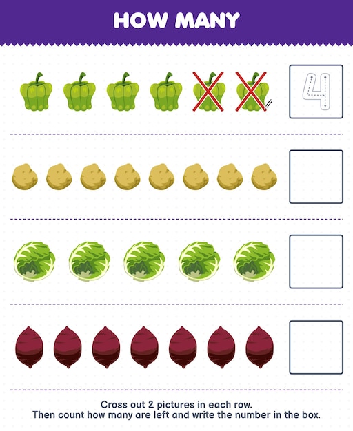 어린이를 위한 교육 게임은 만화 파프리카 감자 양배추 얌의 수를 세고 상자에 인쇄 가능한 야채 워크시트에 숫자를 씁니다.