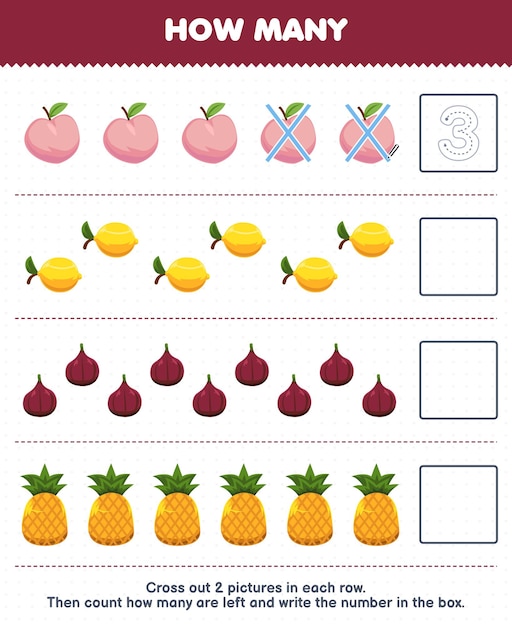 Education game for children count how many cartoon peach lemon fig pineapple and write the number in the box printable fruit worksheet