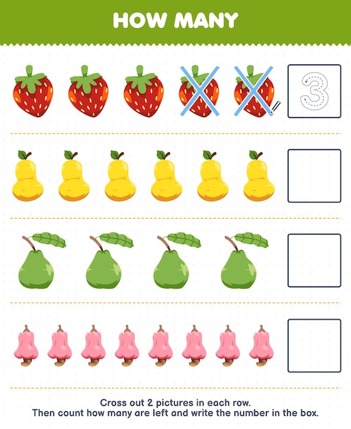 Education game for children count how many cartoon strawberry pear guava cashew and write the number in the box printable fruit worksheet