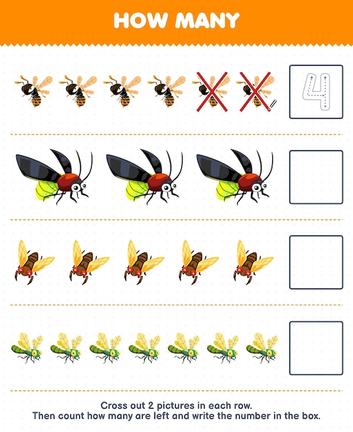 Education game for children count how many cute cartoon bee firefly cicada dragonfly and write the number in the box printable bug worksheet