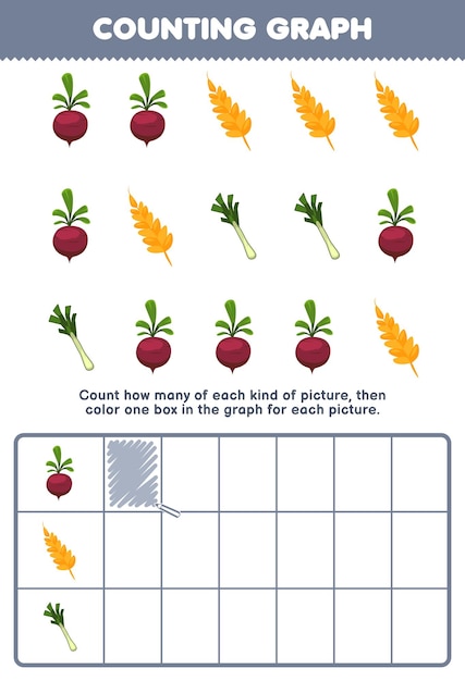 어린이를 위한 교육 게임은 귀여운 만화 비트 밀 리크의 수를 세고 그래프 인쇄 가능한 야채 워크시트에서 상자를 색칠합니다.